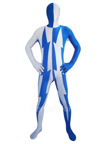 White and Blue Lycra Spandex Unitard Second Skin Zentai Unisex Zentai Suit Holiday Costume