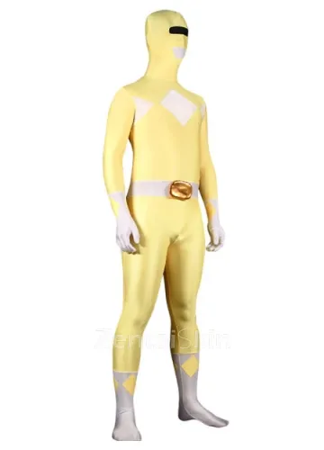 Yellow and White Power Ranger Halloween Costume Lycra Spandex Skinsuit Super Hero Superhero Zentai Catsuit Second Skin Clothing