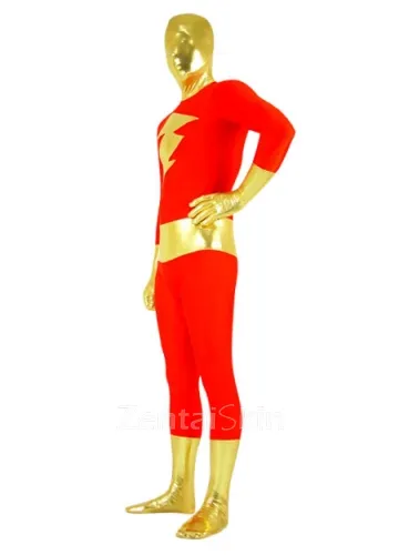 Red with Gold Wetlook Shiny Metallic Lycra Spandex Skinsuit Super Hero Superhero Zentai Catsuit Second Skin Clothing