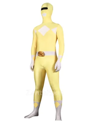 Yellow and White Power Ranger Halloween Costume Lycra Spandex Skinsuit Super Hero Superhero Zentai Catsuit Second Skin Clothing