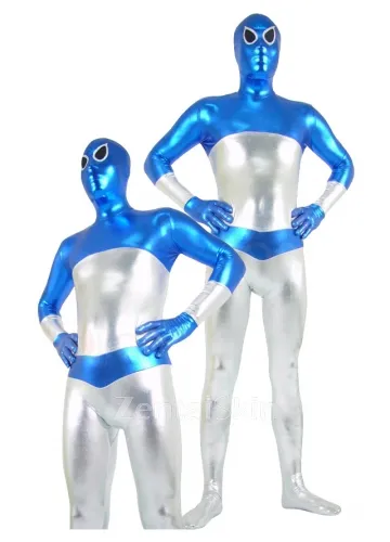 Second Skin Blue and Silver Zentai Costume Wetlook Unitard Skinsuit Shiny Metallic Unisex Zentai Suit Holiday Costume