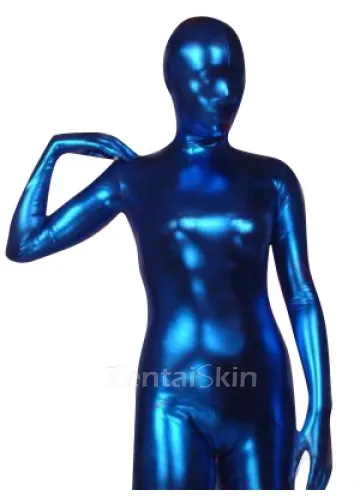 Second Skin Blue Zentai Costume Wetlook Unitard Skinsuit Shiny Metallic Zentai Suit