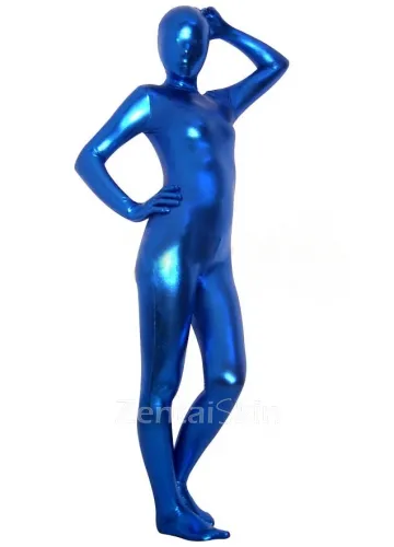 Second Skin Deep Blue Zentai Costume Wetlook Unitard Skinsuit Shiny Metallic Unisex Zentai Suit Holiday Costume