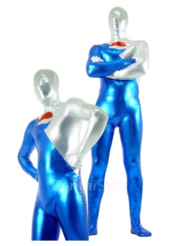 Blue and Silver Zentai Costume Wetlook Unitard Skinsuit Shiny Metallic Unisex Catsuit Second Skin Clothing Party Costume