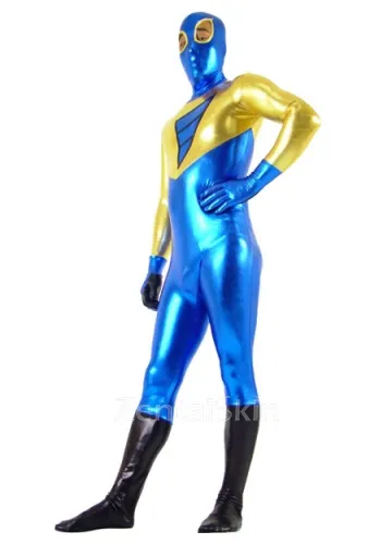 Second Skin Gold and Blue Zentai Costume Wetlook Unitard Skinsuit Shiny Metallic Super Hero Zentai Suit