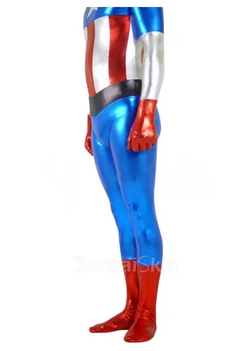 Second Skin Captain America Zentai Costume Wetlook Unitard Skinsuit Shiny Metallic Zentai Suit