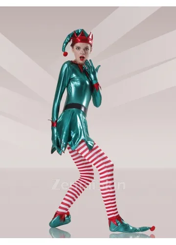 Second Skin Green Red White Zentai Costume Wetlook Unitard Skinsuit Shiny Metallic Lycra Stripes Unisex Zentai Suit Holiday Costume