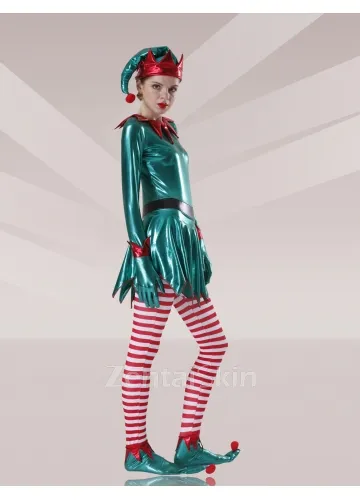 Second Skin Green Red White Zentai Costume Wetlook Unitard Skinsuit Shiny Metallic Lycra Stripes Unisex Zentai Suit Holiday Costume