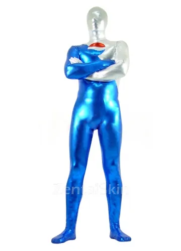 Blue and Silver Zentai Costume Wetlook Unitard Skinsuit Shiny Metallic Unisex Catsuit Second Skin Clothing Party Costume