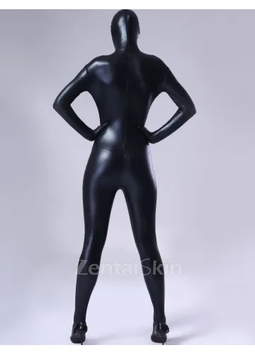 Second Skin Black Zentai Costume Wetlook Unitard Skinsuit Shiny Metallic Lycra Female Zentai Suit