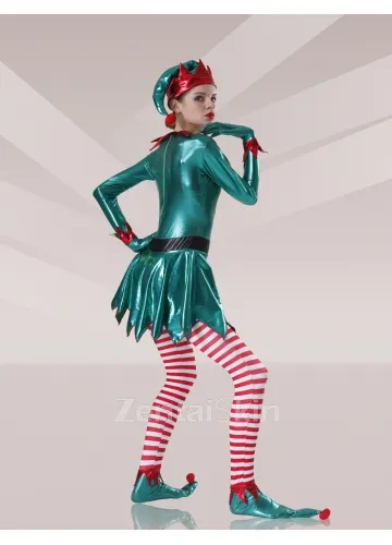 Second Skin Green Red White Zentai Costume Wetlook Unitard Skinsuit Shiny Metallic Lycra Stripes Unisex Zentai Suit Holiday Costume
