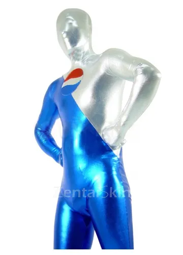 Blue and Silver Zentai Costume Wetlook Unitard Skinsuit Shiny Metallic Unisex Catsuit Second Skin Clothing Party Costume