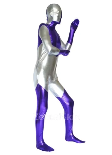 Second Skin Silver and Purple Zentai Costume Wetlook Unitard Skinsuit Shiny Metallic with Spandex Unisex Zentai Suit Holiday Costume