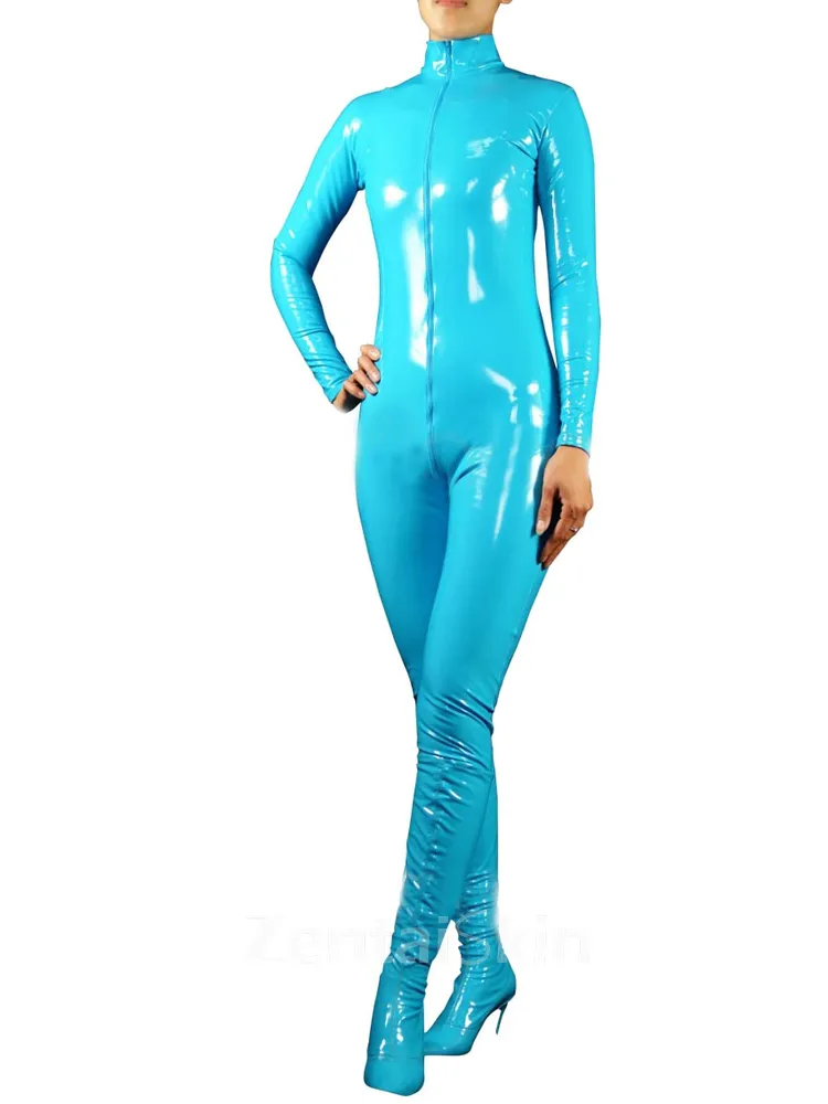 Azure Wetlook Unitard PVC Front Open Unisex Catsuit Second Skin Clothing Party Costume