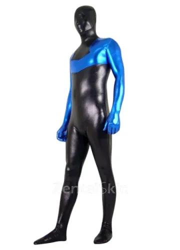 Second Skin Black and Blue Zentai Costume Wetlook Unitard Skinsuit Shiny Metallic Zentai Suit