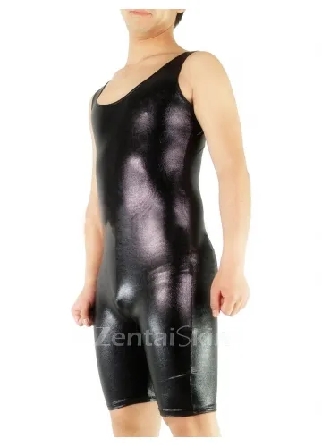 Sleeveless Black Zentai Costume Wetlook Unitard Skinsuit Shiny Metallic Short Leotard and Catsuit Second Skin Clothing