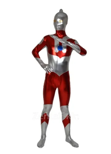 Second Skin Red Gray Zentai Costume Wetlook Unitard Skinsuit Shiny Metallic Zentai Men\'s Suit