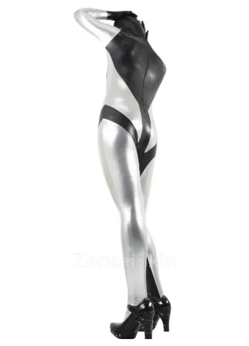 Second Skin Classic Black and Silver Zentai Costume Wetlook Unitard Skinsuit Shiny Metallic Zentai Suit