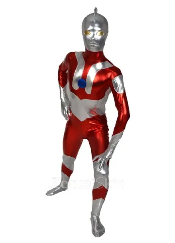 Second Skin Red Gray Zentai Costume Wetlook Unitard Skinsuit Shiny Metallic Zentai Men\'s Suit