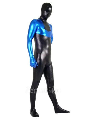 Second Skin Black and Blue Zentai Costume Wetlook Unitard Skinsuit Shiny Metallic Zentai Suit