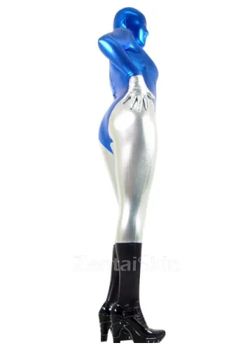 Second Skin Blue and Silver Zentai Costume Wetlook Unitard Skinsuit Shiny Metallic Zentai Suit
