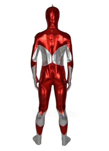 Second Skin Red Gray Zentai Costume Wetlook Unitard Skinsuit Shiny Metallic Zentai Men\'s Suit
