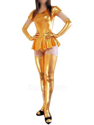 Second Skin Gold Short Sleeves Zentai Costume Wetlook Shiny Metallic Sexy Dress