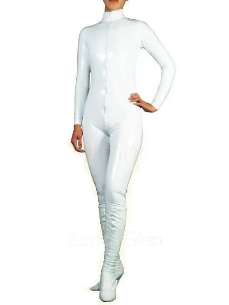 White Wetlook Unitard PVC Front Open Unisex Catsuit Second Skin Clothing Party Costume