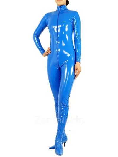 Deep Blue Wetlook Unitard PVC Front Open Unisex Catsuit Second Skin Clothing Party Costume