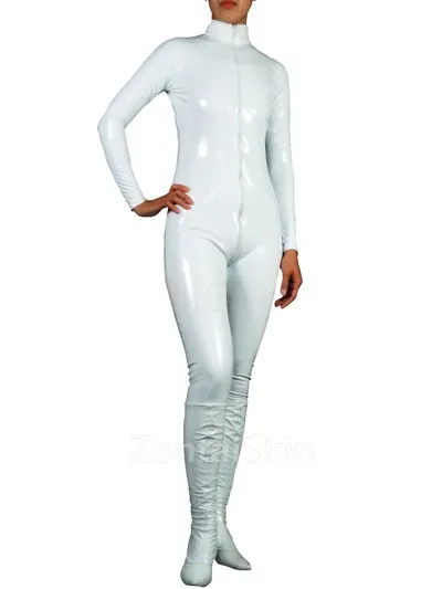White Wetlook Unitard PVC Front Open Unisex Catsuit Second Skin Clothing Party Costume