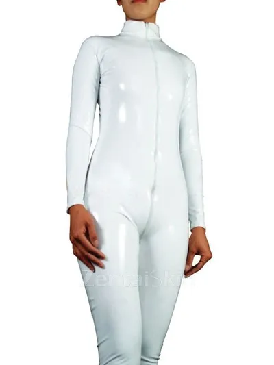 White Wetlook Unitard PVC Front Open Unisex Catsuit Second Skin Clothing Party Costume