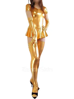 Second Skin Gold Short Sleeves Zentai Costume Wetlook Shiny Metallic Sexy Dress