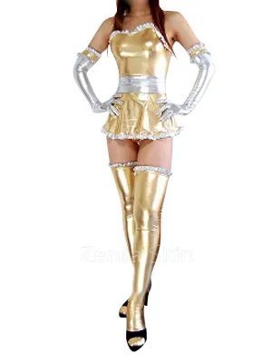 Second Skin Cheap Gold Zentai Costume Wetlook Shiny Metallic Lace Trim Sexy Dress