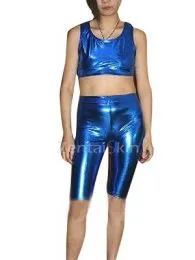 Second Skin Cheap Superior Cool Blue Sleeveless Zentai Costume Wetlook Shiny Metallic Suit