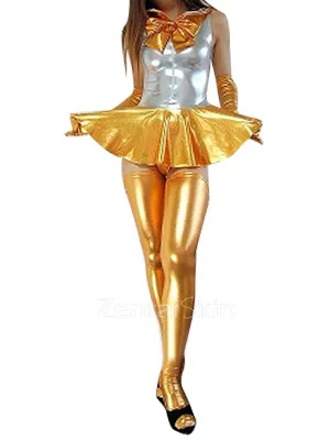 Silver Gold Zentai Costume Wetlook Shiny Metallic Bowknot Mini Skirt Second Skin Clothing