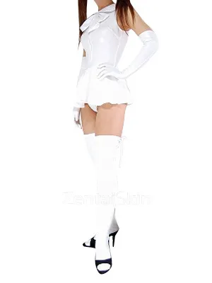 Cool White Zentai Costume Wetlook Shiny Metallic Bowknot Mini Skirt Second Skin Clothing