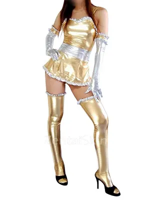 Second Skin Cheap Gold Zentai Costume Wetlook Shiny Metallic Lace Trim Sexy Dress
