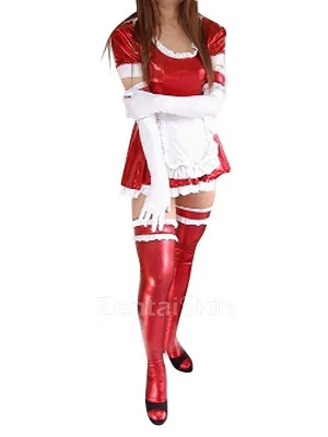 Second Skin Ideal Red Zentai Costume Wetlook Shiny Metallic Lace Trim Sexy Dress