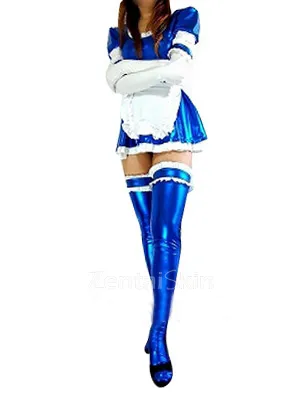 Second Skin Perfect Blue Zentai Costume Wetlook Shiny Metallic Lace Trim Sexy Dress