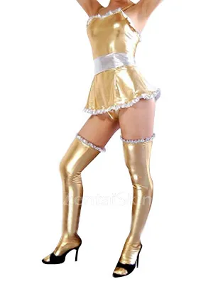 Second Skin Cheap Gold Zentai Costume Wetlook Shiny Metallic Lace Trim Sexy Dress