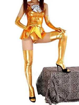 Gold Zentai Costume Wetlook Shiny Metallic Bowknot Mini Skirt Second Skin Clothing