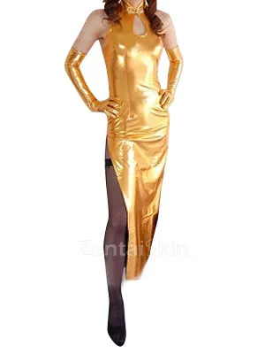 Second Skin Suitable Top Gold Zentai Costume Wetlook Shiny Metallic Sexy Dress