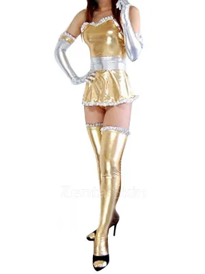 Second Skin Cheap Gold Zentai Costume Wetlook Shiny Metallic Lace Trim Sexy Dress