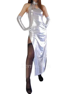 Second Skin Unusual Silver Zentai Costume Wetlook Shiny Metallic Sexy Dress