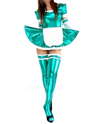 Second Skin Unusual Green Zentai Costume Wetlook Shiny Metallic Lace Trim Sexy Dress