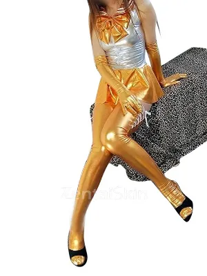 Silver Gold Zentai Costume Wetlook Shiny Metallic Bowknot Mini Skirt Second Skin Clothing