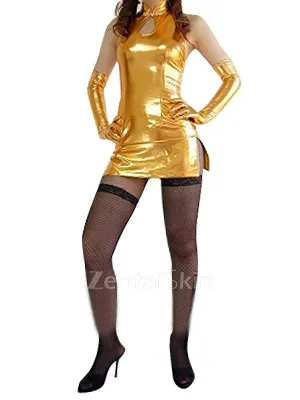 Second Skin Ideal Gold Zentai Costume Wetlook Shiny Metallic Sexy Dress