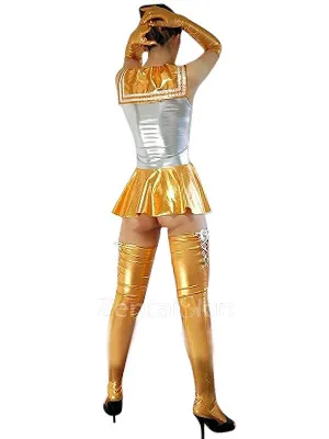 Silver Gold Zentai Costume Wetlook Shiny Metallic Bowknot Mini Skirt Second Skin Clothing