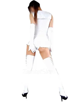 Cool White Zentai Costume Wetlook Shiny Metallic Bowknot Mini Skirt Second Skin Clothing