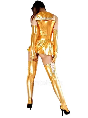 Gold Zentai Costume Wetlook Shiny Metallic Bowknot Mini Skirt Second Skin Clothing